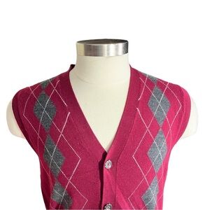 Club Room Estate Merino Wool Men Red White Argyle Sleeveless Sweater Vest Sz XL
